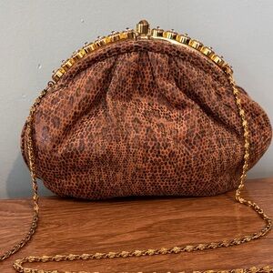 Stephanie Vintage Animal Print  Brown Clutch with Gold and Rhinestone Beads